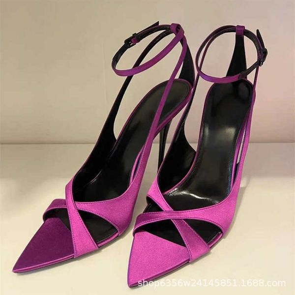 Chaussures à talons hauts pointus violets pour femmes, sandales d'été en Satin de soie à talon mince, bouche peu profonde, boucle de poignet, 230209