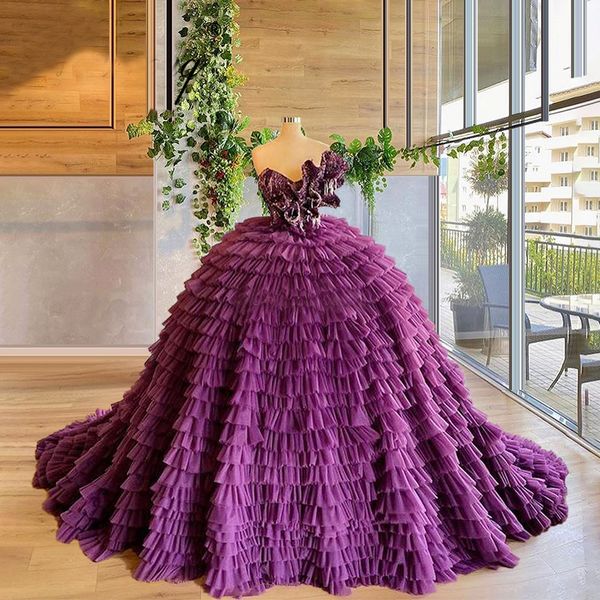 Vestido De fiesta De princesa púrpura, vestido De quinceañera, faldas escalonadas, escote corazón, volantes, fiesta, dulce 16 Vestidos, Vestidos De 15 A￱os