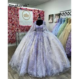 Robes de quinceanera de robe de bal de princesse violette avec des fleurs de capes perles vestidos de 15 anos sweet 16e robe