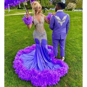 Robes de bal violet pour filles noires 2024 plumes de strass