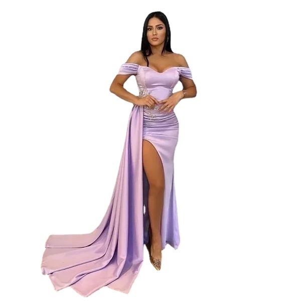 Robes de bal violettes Sexy hors épaule robes de soirée sirène avec cuisse haute fendue volants plis appliques longues femmes occasion robe de soirée