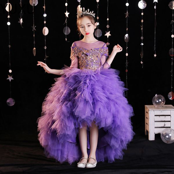 Robes de filles Purple Puffy 3D Fleur V Neck Long Train Enfants Adolescents Pageant Robes de fête d'anniversaire paillettes pour la robe de cuisine de cuisine de mariage 403