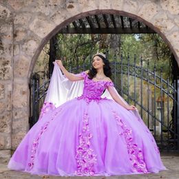 Robe Quinceanera violette à fleurs 3D, tenue princesse de bal élégante pour fête d'anniversaire, 15 robes, 2024