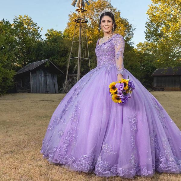 Robes De Quinceanera violet pour doux 16 robe robes De bal perles Appliques à manches longues Graduation robe De bal robes De 15 Anos