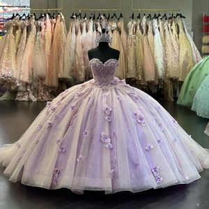 Paars Quinceanera Jurken Prinses Baljurken 3D Bloemen Sweetheart 16 Verjaardagsfeestje Prom Jurk Vestido De 15 Anos