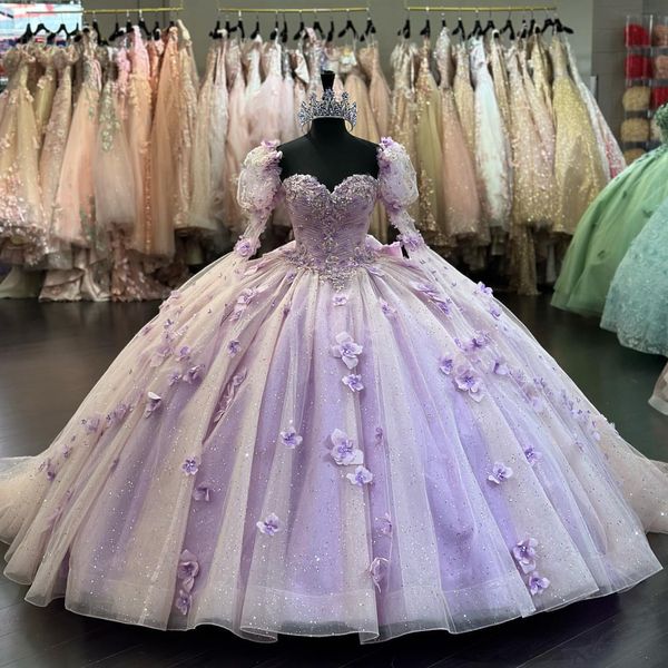 Violet Quinceanera Robes Princesse Robes De Bal 3D Fleurs Chérie Fête D'anniversaire Robe De Bal Robe De 15 Anos