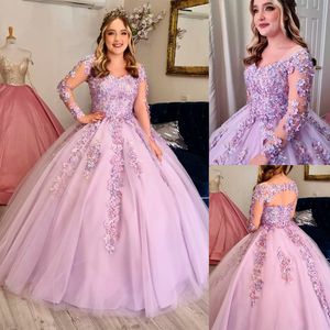 Purple Quinceanera Prom Dresses Baljurk Kant Applicaties Lange Mouw 3D Floral Plus Size Party Avond Speciale Gelegenheden Toga