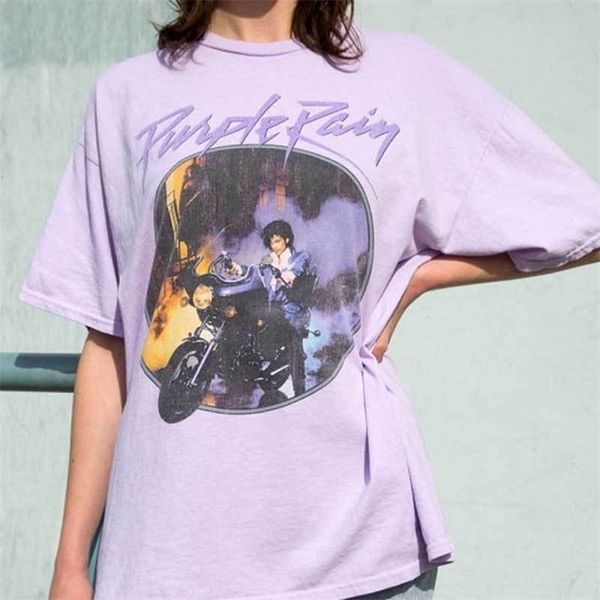 Purple pluie Vintage Tee-t-shirt graphique femelle manches courtes O col violet chic imprimé tops d'été coton perturbant t-shirt top 210315