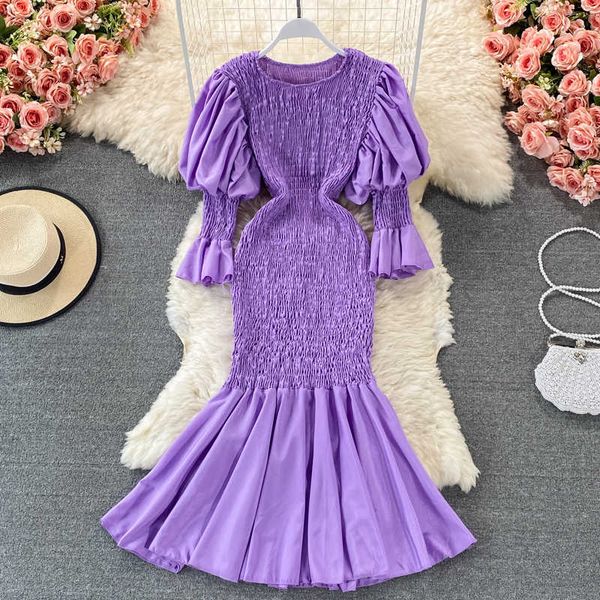 Vestido de sirena morado/rojo/blanco para mujer, Primavera Verano, cuello redondo, manga farol, cintura alta, ceñido al cuerpo, Vestidos, bata elegante para mujer 2021 Y0603