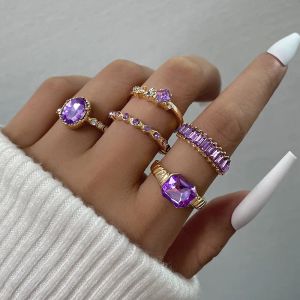 Paarse Steentjes Ring Set Geometrische Imitatie Kristal Bohemian Ringen voor Vrouwen Vintage Sieraden Bruiloft Accessoires Geschenken