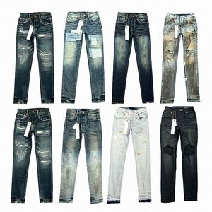 Paarse gescheurde jeans voor mannen en vrouwen, High Street Retro Paint Spot Patch Hole Denim Streetwear, Slim Fit Micro Elastic Pants