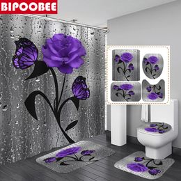 Cortina de ducha de flores de rosa púrpura, juego de cortinas de baño, alfombrillas de baño de flores de mariposa, cubierta de tapa de inodoro, alfombra antideslizante, decoración del hogar 240108