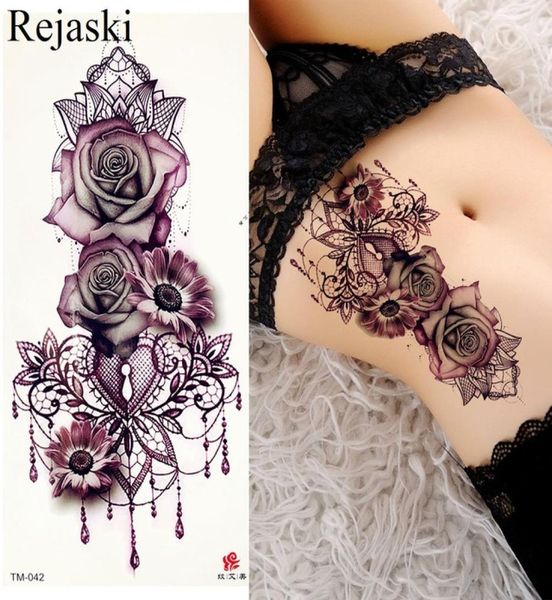 Joyería de rosa púrpura, pegatinas de tatuaje de transferencia de agua, arte del pecho del cuerpo de las mujeres, tatuaje temporal, pulsera de cintura para niña, tatuajes Flash Flower7063738