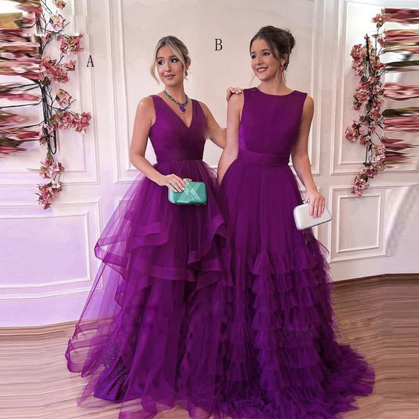 Violet volants une ligne robes de bal sans manches jupe bouffante femmes robe formelle à plusieurs niveaux tulle longue robe de soirée