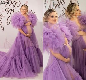 Volants violets manches moelleuses robes de soirée pour femmes enceintes Tulle une ligne grande taille maternité robes de soirée formelles balayage train séance photo longue robe de bal CL3381