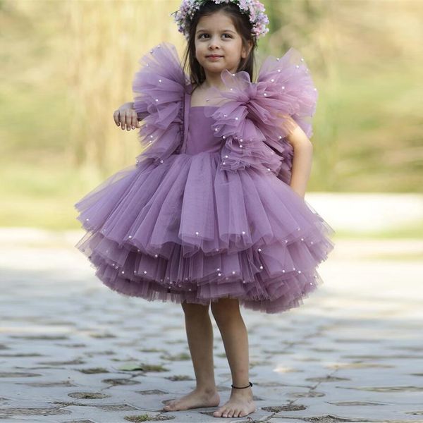 Robes à fleurs violettes à volants pour filles, col carré, perles superposées, robe de bal pour enfants, longueur aux genoux, en Tulle, vêtements de fête pour enfants