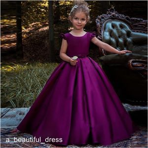 Robes de demoiselle d'honneur en satin violet avec nœud dans le dos, robes de fête d'anniversaire princesse pour petites filles, robe de concours de première communion, FG1342