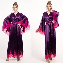 Bata de novia de seda satinada púrpura, ropa de dormir de manga larga, lencería de encaje, albornoz de noche para boda, bata hecha a medida