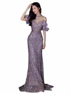 Paars Pailletten Avond Dr Vrouwen Opknoping Nek Uit De Schouder Fishtail Prom Jurk Elegante Moderne Applique Cocktail Dres 27vW #