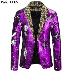 Chaqueta de traje de lentejuelas púrpura Gliiter para hombre con estilo 2 colores de conversión Club Party Prom Blazers para hombre trajes de escenario para cantantes 210522