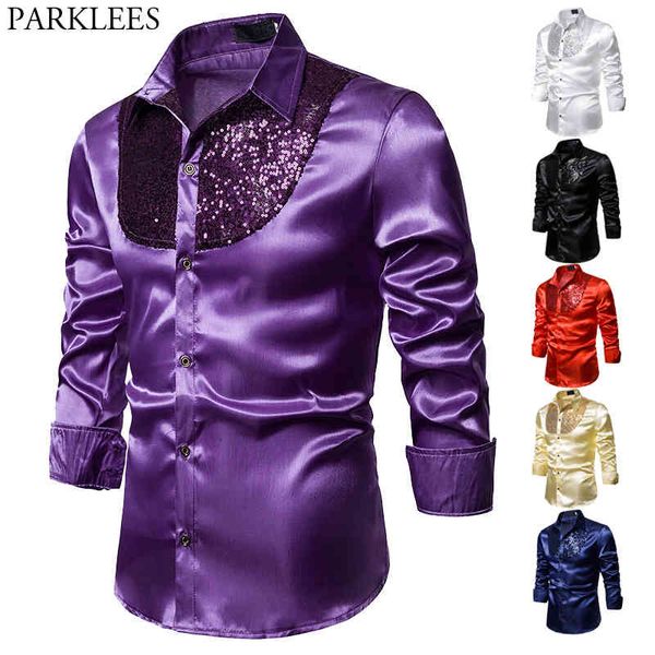 Violet Sequin Patchwork Soie Chemise Hommes Mode Western Garçon Style Satin Hommes Robe Chemises Disco Dance Stage Costume De Bal 2XL 210522