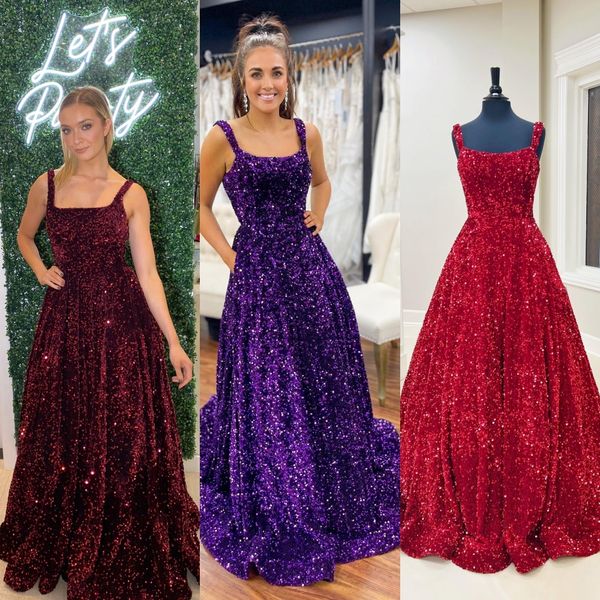 Robe de bal à paillettes violettes 2k23 A-ligne encolure dégagée dos ouvert balayage train Met Gala Lady Pageant robe de bal rouge soirée formelle fête de mariage sans manches conception vin