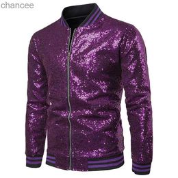 Paarse pailletten varsity jassen jassen voor mannen 70s disco dance glinsterende glitter varsity jas nachtclub podium prom bomber jas man hkd230815