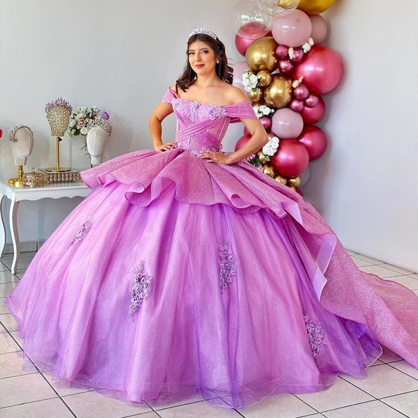 Paillettes violettes au large de l'épaule robe de bal de quinceanera