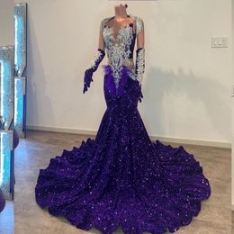 Robe De bal violette Sexy à paillettes, avec plumes et strass, col rond, Robes De soirée, 2024