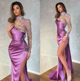 Purple Sheer High Neck Satin Mermaid Prom Dresses lange mouwen applique kralen hoge gesplitste formele feest avondjurken jurk BC14910