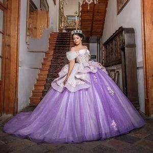 Paarse glanzende baljurk Quinceanera jurk zoete jaren oud verjaardagsfeestje draag lieverd van schouderprinses lange meisjes