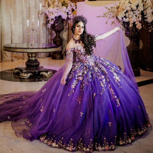 Robe De bal violette brillante, épaules dénudées, robes De Quinceanera, perles, fleurs 3D, Appliques en dentelle, Corset en tulle, robes De 15 ans