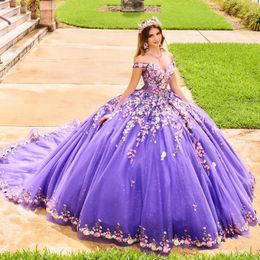 Vestidos De quinceañera De princesa brillante púrpura, vestido De baile con hombros descubiertos, corsé De tul De encaje Floral 3D, 15 Vestidos De XV años