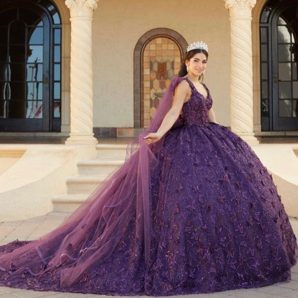 Violet brillant princesse Quinceanera robes avec Cape épaules dénudées Floral papillon Corset doux 15 robe vestido débutante