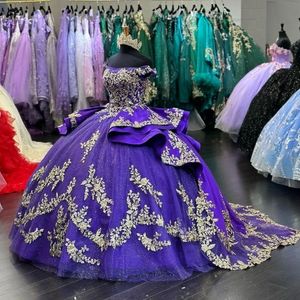 Vestidos De quinceañera morados brillantes con apliques dorados, cuentas De encaje, corsé sin mangas con cordones, Vestido De graduación dulce De 16, 15 anos