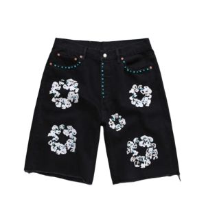 paarse korte denim jeans shorts heren ontwerper korte Jean Mens luxe hoge qulity rechte gaten strakke bloemen printen shortpants slanke hiphop straat zwarte broek doek