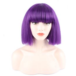Purple Short Hair Right Fashion Lady Sexy Naturel Natural Fluffy Role Player Wig Synthétique Hair Short Bob Hair Short Black and White Wig Wig Daily Work Party Cosplay