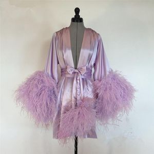 Purple Short Women Cloak Feather Bride Sleepwear Robes 2020 Femmes de chambre à manches longues sur mesure