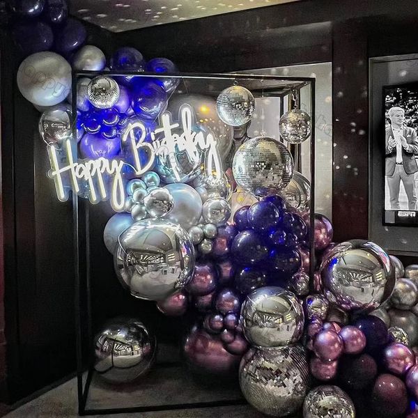 Guirnalda de globos de discoteca de plata púrpura, arco de Metal cromado para decoraciones de fiesta de cumpleaños Retro de los años 80, año 240226