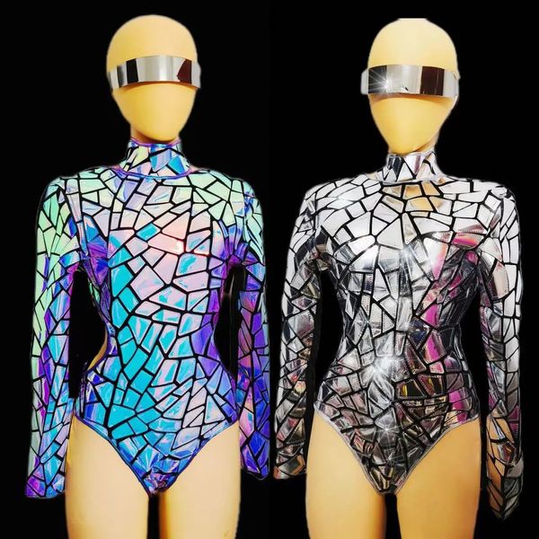 Miroir laser en argent violet Leotard Sexy Hollow Out Costume de danse Femmes à manches longues Sequins Bodys Body Nightclub Bar Party Performance Clothes Rave Show Show Wear Wear