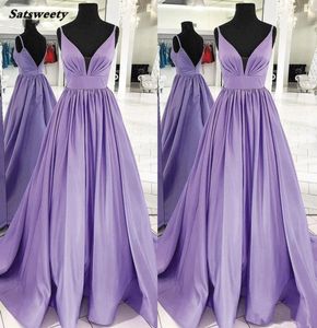 Paarse mouwloze satijn Deep V nek prom jurk Vestido de festa longo elegante eenvoudige avondjurken long3847937