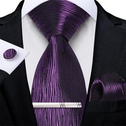 Purple Solid Plaid Paisley Floral Silk Ties for Men With Clip Mandkerchief Cufflinks 8cm Coldie Wedding Prom Gift 240511