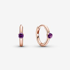 Purple Solitaire Huggie Hoop oorbellen voor Pandora 925 Sterling Silver Jewelry CZ Diamond Rose Gold Circle Wedding Earring Set voor vrouwelijke meisjes met originele doos