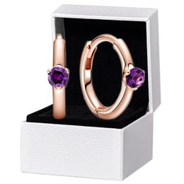 Purple Solitaire Huggie Hoop oorbellen Originele doos voor Pandora 18K Rose Gold vergulde 925 Silver Women Girls Betrokkenheid Geschenkontwerper Sieraden Earring