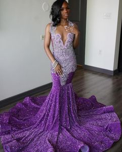 Purple Sparkly Long Mermaid Prom Birthday Gala Robes For Black Girl 2024 Luxury Diamond Velvet Sequins Robe de cérémonie
