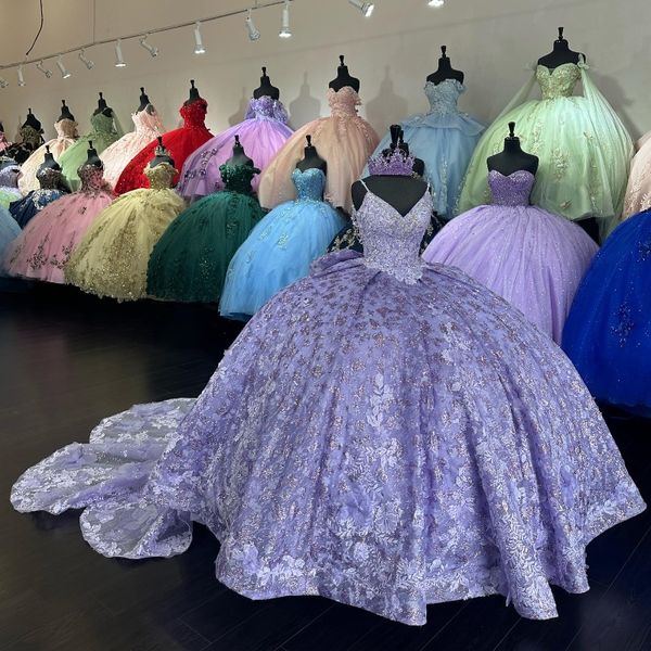 Violet brillant Sexy Spaghetti sangle Quinceanera robes appliques dentelle perles robe de bal doux 16 robe de princesse Gala robes de 15