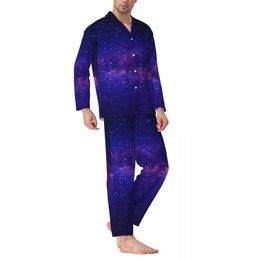 Purple Starry Night Sleepwear Autumn Galay Print Casual Oversize Pyjama Sets Mannen lange mouwen Warm Night grafisch huispak