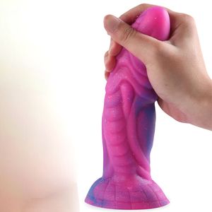 Paarse Starry Echte Dildo 8 Inch Gebogen Siliconen met Zuignap Neushoorn Hoorn Nieuwigheid voor Vrouwen Penis Mannen sexy Speelgoed
