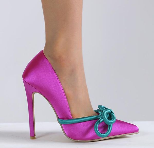 Chaussures de bureau à talons aiguilles violets pour femmes, escarpins de styliste à bout pointu avec nœud de printemps, chaussures habillées élégantes de grande taille 11cm