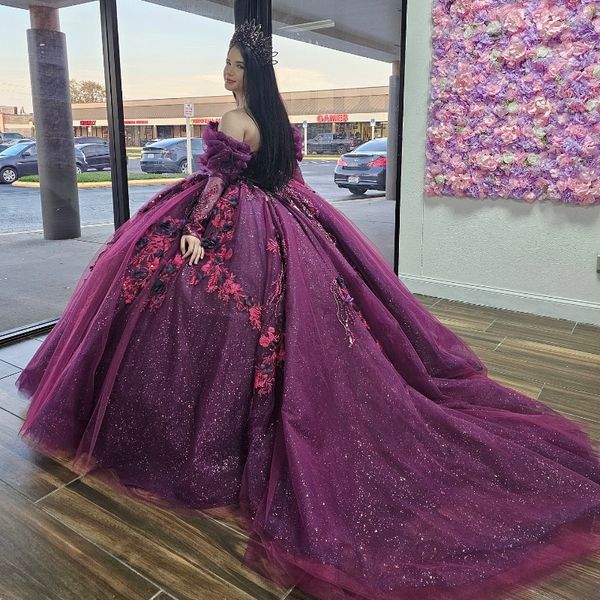 Robe De bal violette chérie perlée robe De Quinceanera princesse Corset robes Appliques dentelle tulle robes De 15 Anos